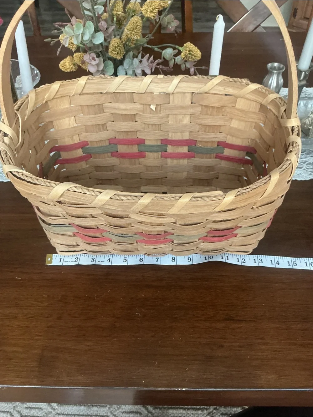 Vintage Woven Splint Market Gathering Basket Dyed Red Green Band Farmhouse Decor